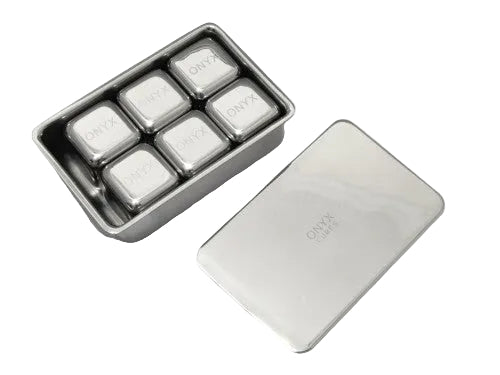 Six Onyx stainless steel ice cubes in a case with sliding lid - PABOOM