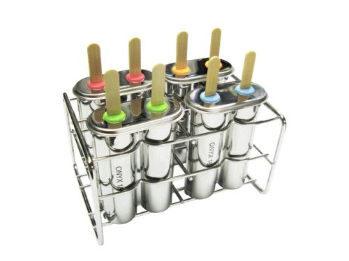 Onyx stainless steel ice pop molds in a wire rack with wooden sticks - PABOOM