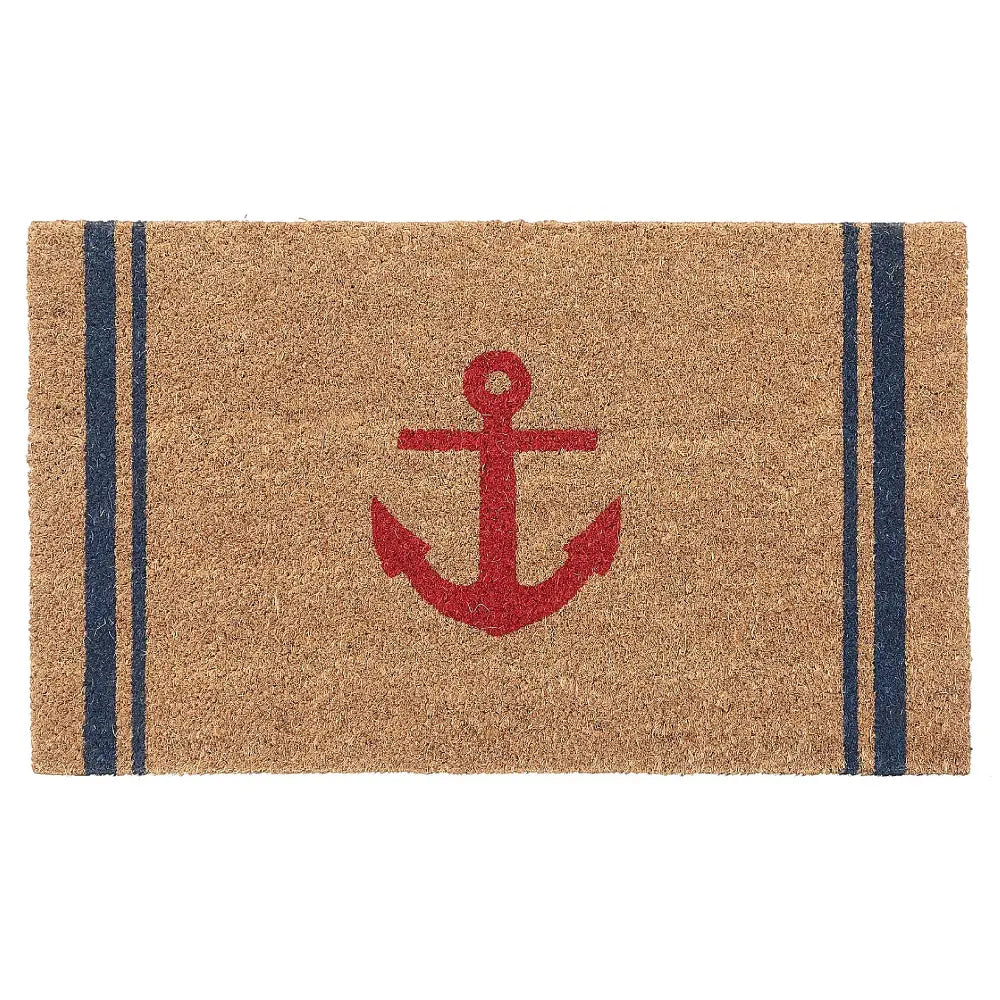 Door mat with red anchor in the middle with blue stripes on the side, natural colour, Coir material