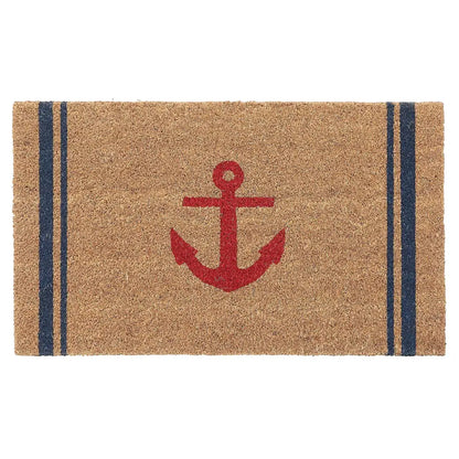 Door mat with red anchor in the middle with blue stripes on the side, natural colour, Coir material