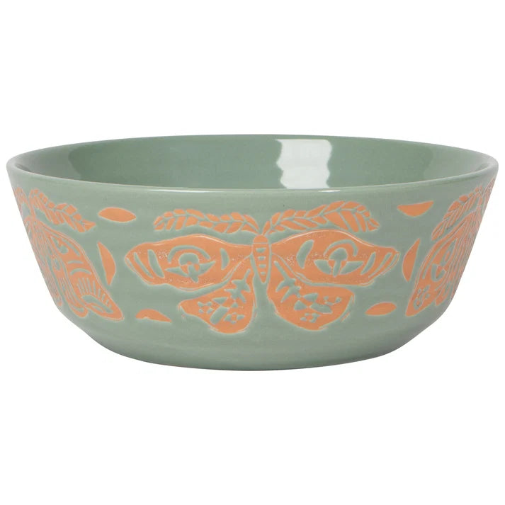Sage green stoneware bowl with a coral wax-resist moth pattern imprinted around the exterior – PABOOM