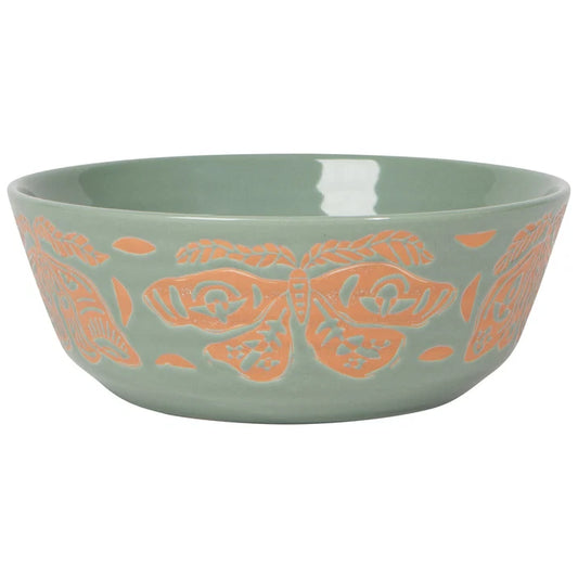 Sage green stoneware bowl with a coral wax-resist moth pattern imprinted around the exterior – PABOOM