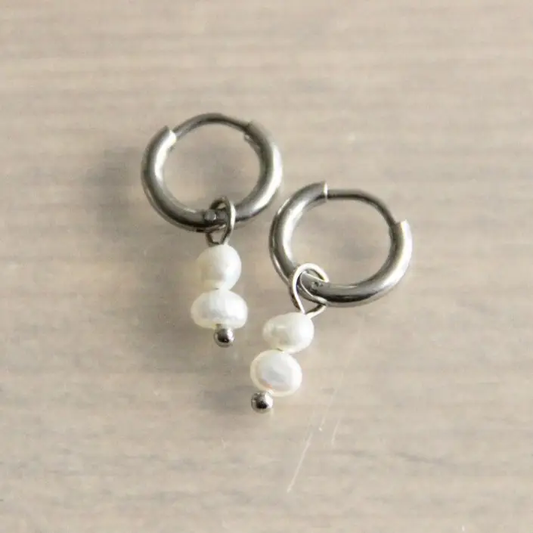 Creole Silver Hoop Earrings With  2 Mini Freshwater Pearls