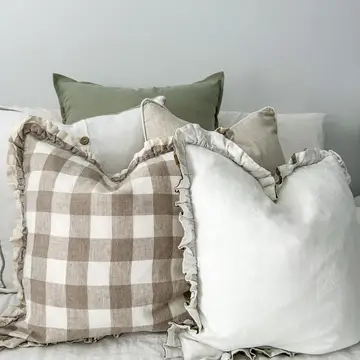 Reversible Linen Ruffle Cushion Cover Olive Gingham + Warm White