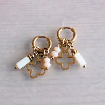 Gold Hoops With 3 Charms - Pearl