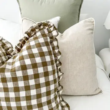 Reversible Linen Ruffle Cushion Cover Olive Gingham + Warm White