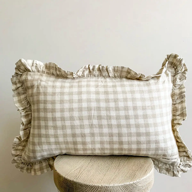 Ruffle Linen Lumbar Cushion Cover Dove Grey Gingham
