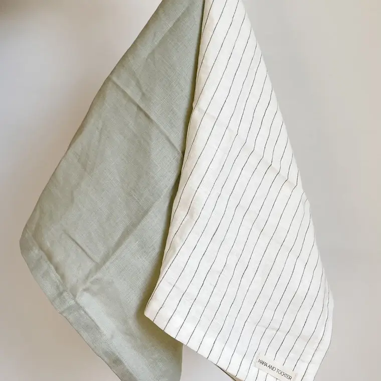 Pure French Linen Tea Towel Olive Stripe