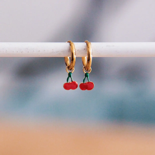 Hoop Earrings With Cherry Red/Gold