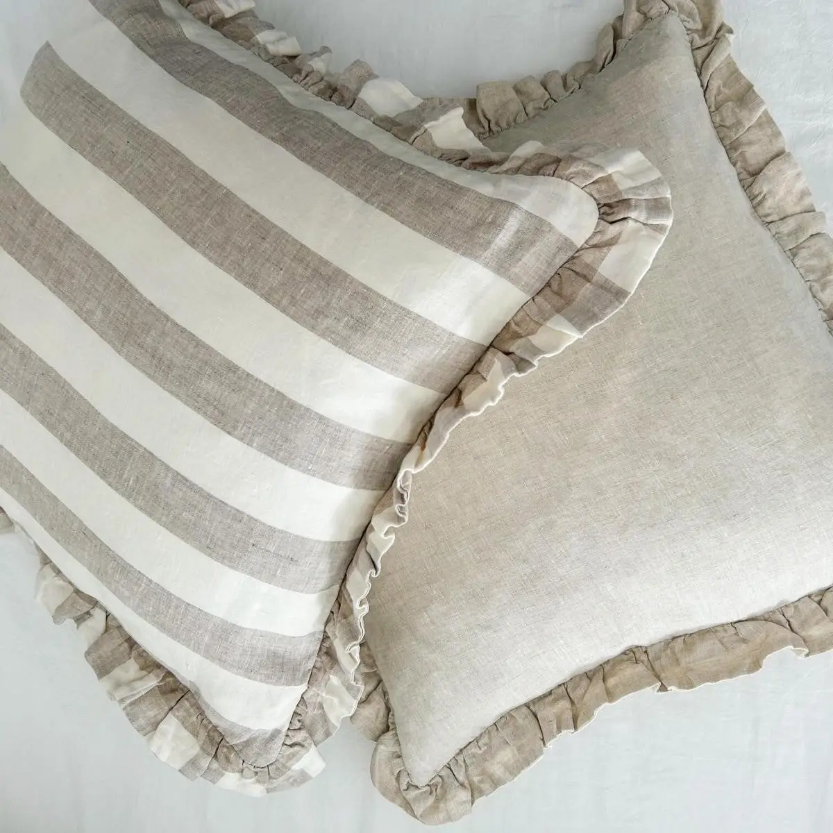 Reversible Linen Ruffle Cushion Cover Wide Stripe Natural