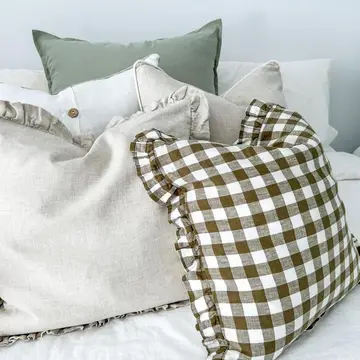 Reversible Linen Ruffle Cushion Cover Olive Gingham + Warm White