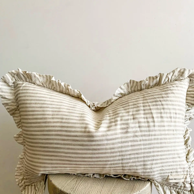 Linen Ruffle Lumbar Cushion Cover Nature Pinstripes