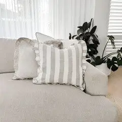 Reversible Linen Ruffle Cushion Cover Wide Stripe Natural