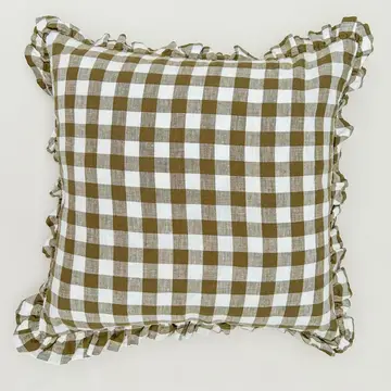 Reversible Linen Ruffle Cushion Cover Olive Gingham + Warm White