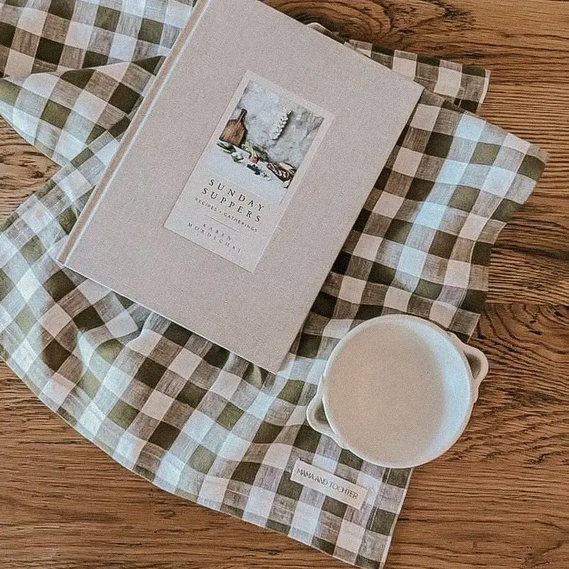 Pure French Linen Tea Towel Olive Gingham