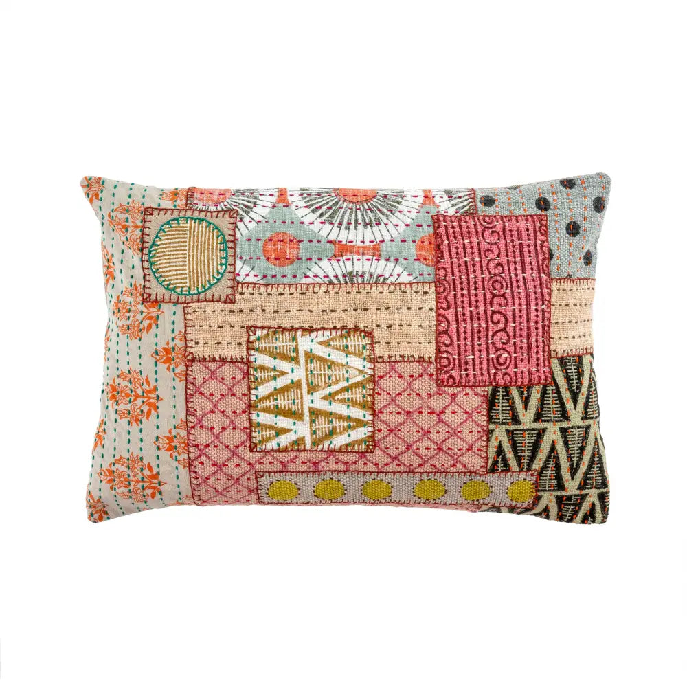 Rectangular kantha patchwork pillow in pink, rust and cream mixed patterns - PABOOM