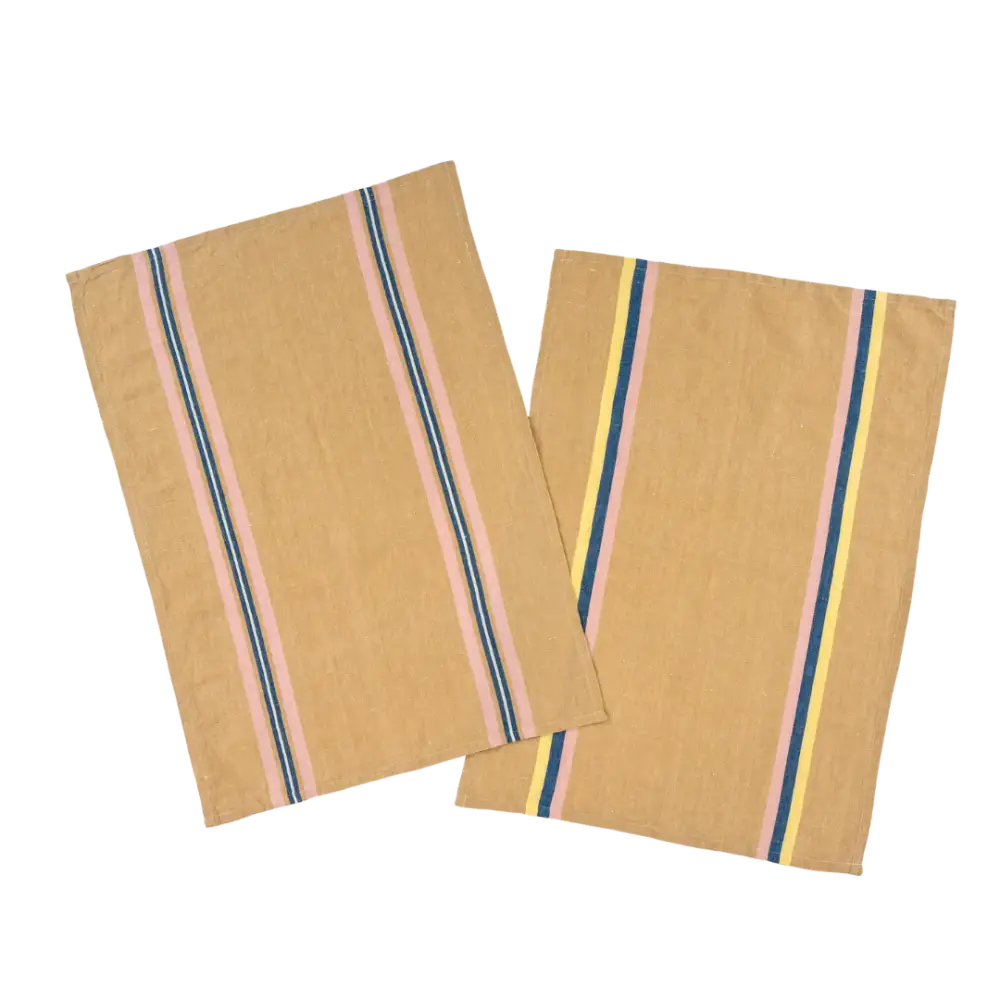 Indaba - Madeira Stripe Tea Towels Set Ochre + Pink