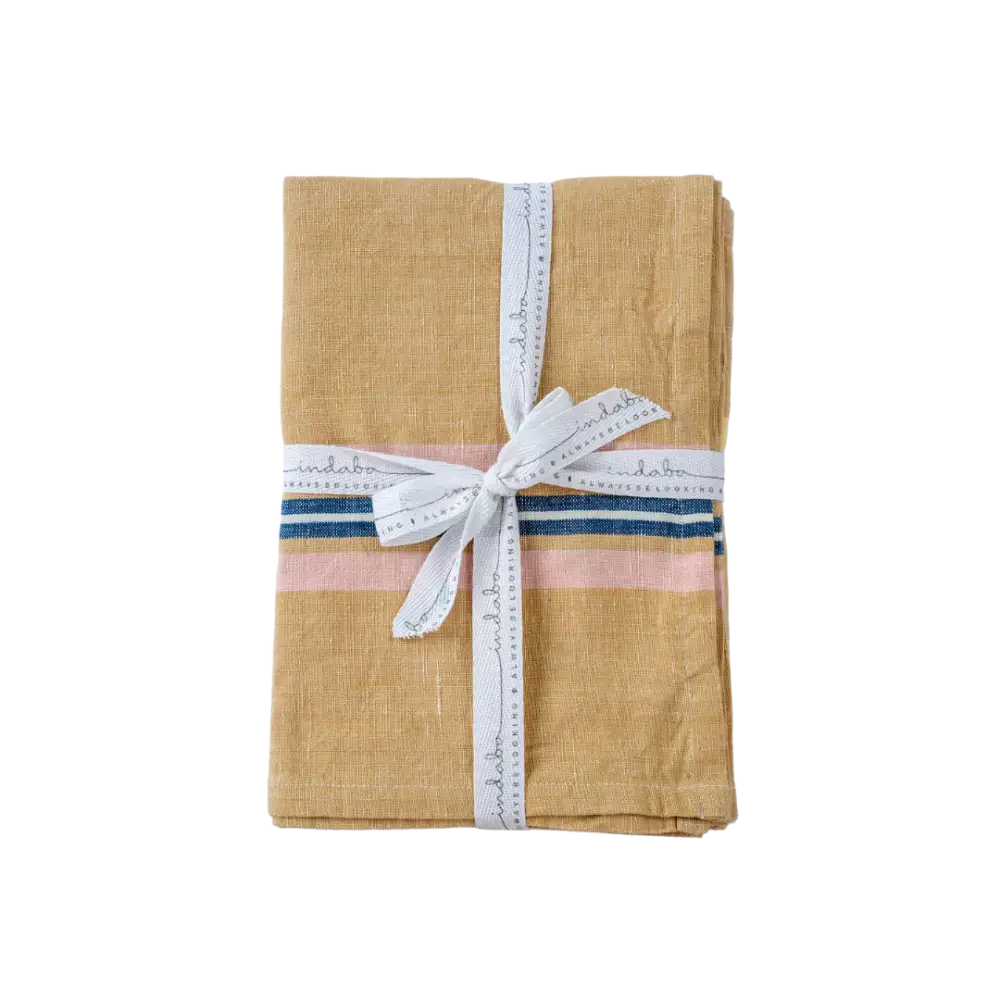 Indaba - Madeira Stripe Tea Towels Set Ochre + Pink