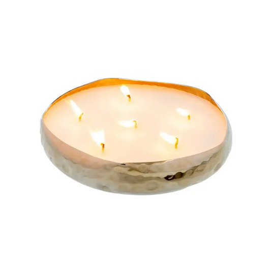 Large multi-wick candle with six lit flames in a hammered silver bowl-shaped vessel - PABOOM