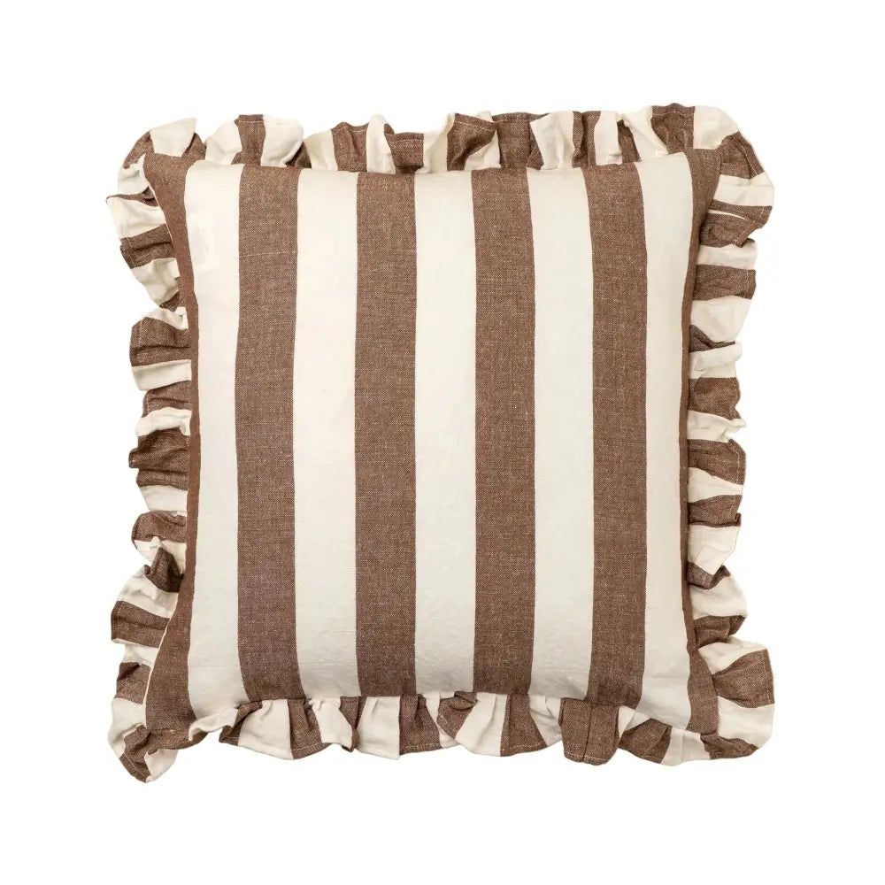 Striped pillow with ruffled edges on a beige background
