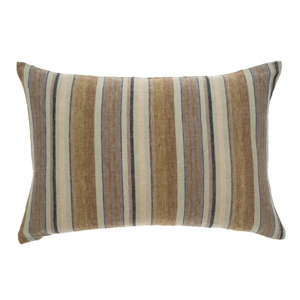 Rectangular linen pillow with earthy brown, olive and cream stripes - PABOOM