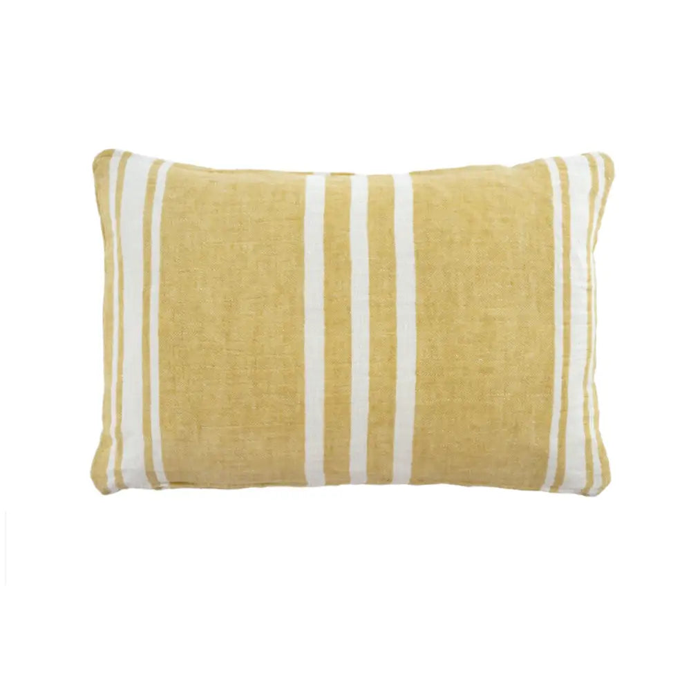 Yellow cushion with white stripes, linen