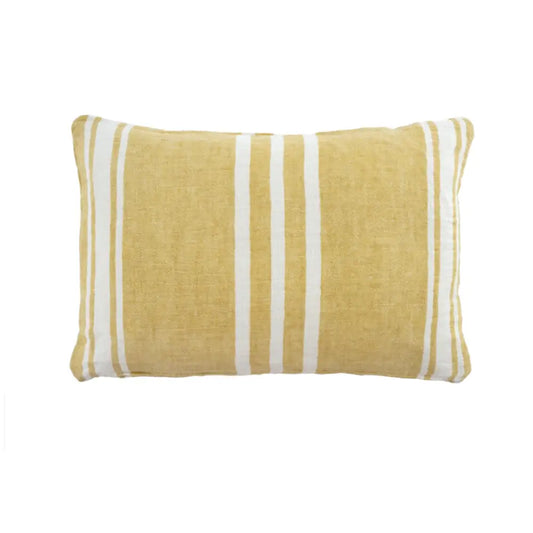 Yellow cushion with white stripes, linen