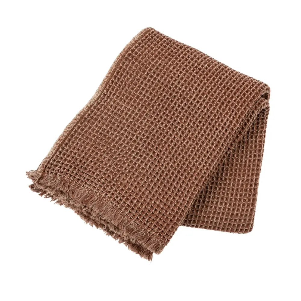 Throw blanket with waffle texture and light fringe ends, brown, cotton