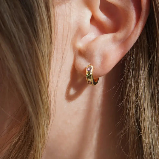 Flower Stone Petite Hoop Earrings Gold - PABOOM