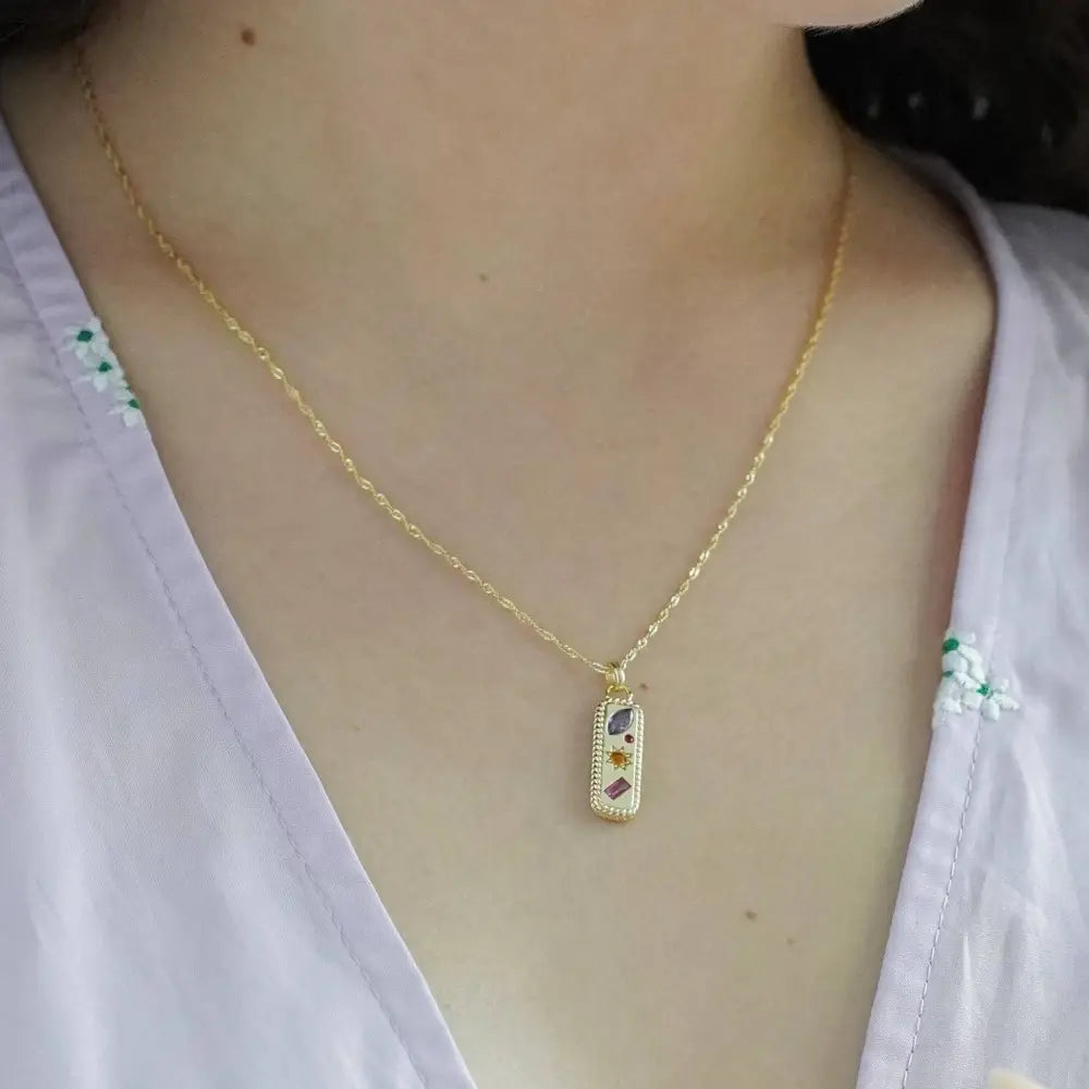 Kaleidoscope Gemstone Tag Pendant Necklace - Silver