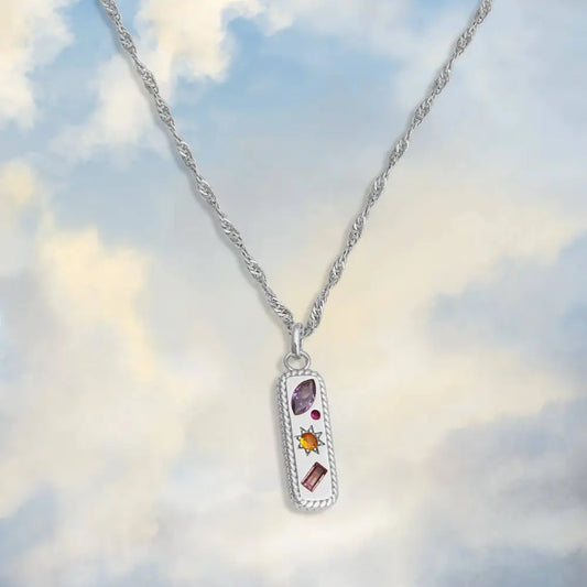 Kaleidoscope Gemstone Tag Pendant Necklace - Silver