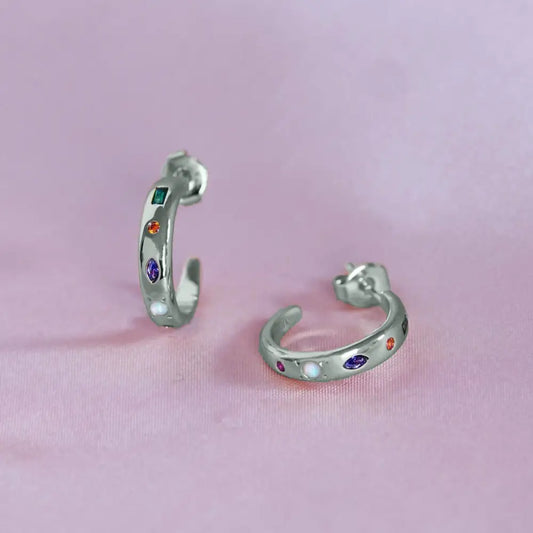 Junk Jewels Ltd - Kaleidoscope Gemstone Hoop Earrings Silver