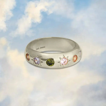 Pastel Stone Chunky Band Ring - Silver
