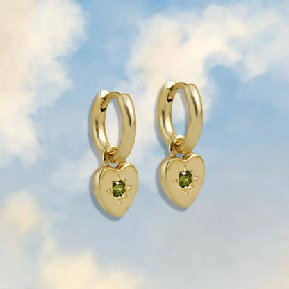 Junk Jewels Ltd - Peridot Heart Charm Earrings Gold