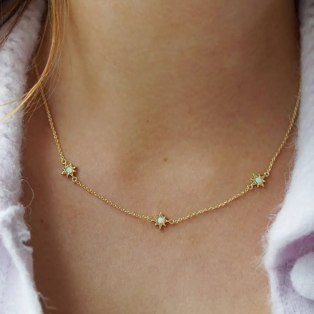 Triple Opal Starburst Necklace - Gold