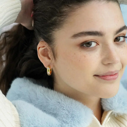 Pastel Stone Chunky Large Hoop Earrings - Silver