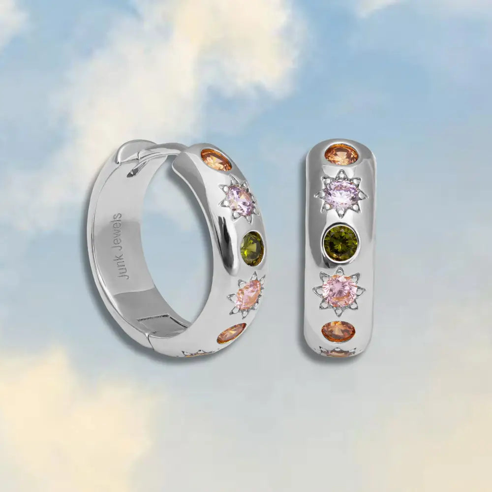 Junk Jewels - Pastel Stone Chunky Large Hoop Earrings Silver