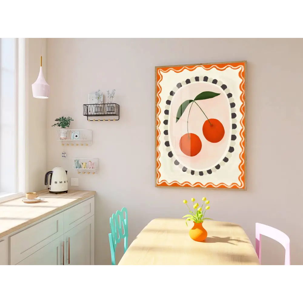 Cherry with border, Art print, Kitchen art,  colourful art art print, hand-drawn illustration wall art - PABOOM