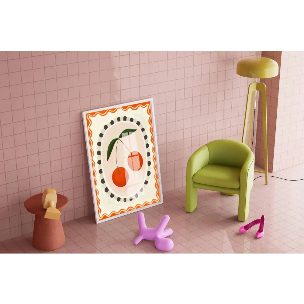 Cherry with border, Art print, Kitchen art,  colourful art art print, hand-drawn illustration wall art - PABOOM