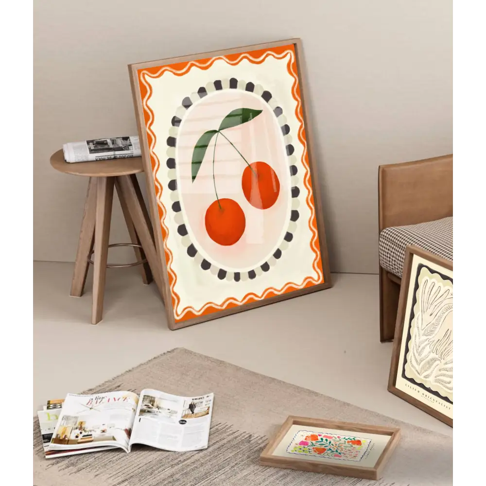 Cherry with border, Art print, Kitchen art,  colourful art art print, hand-drawn illustration wall art - PABOOM