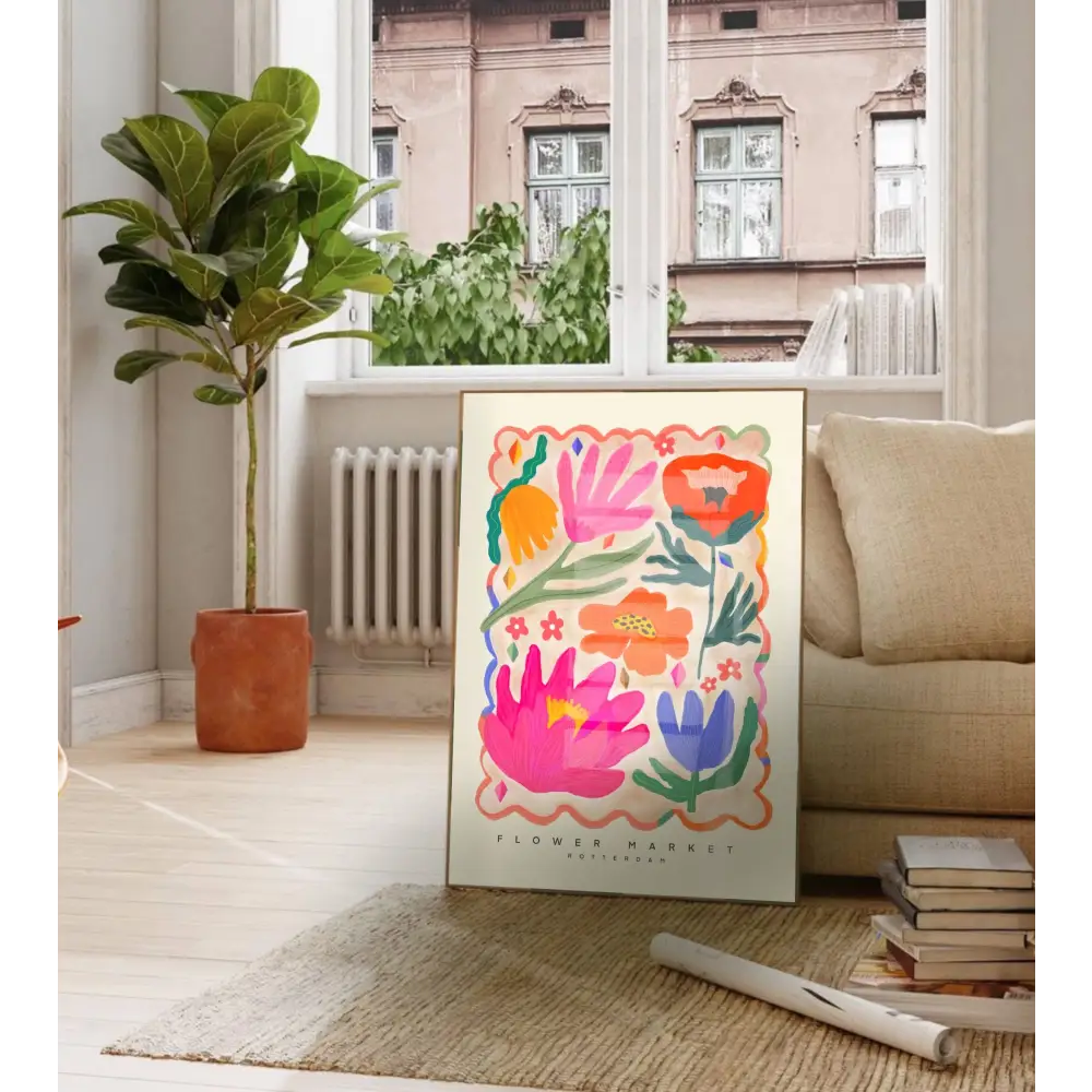 Colourful Flower Market Print, Illustration, Modern, Pink art print, hand-drawn illustration wall art - PABOOM