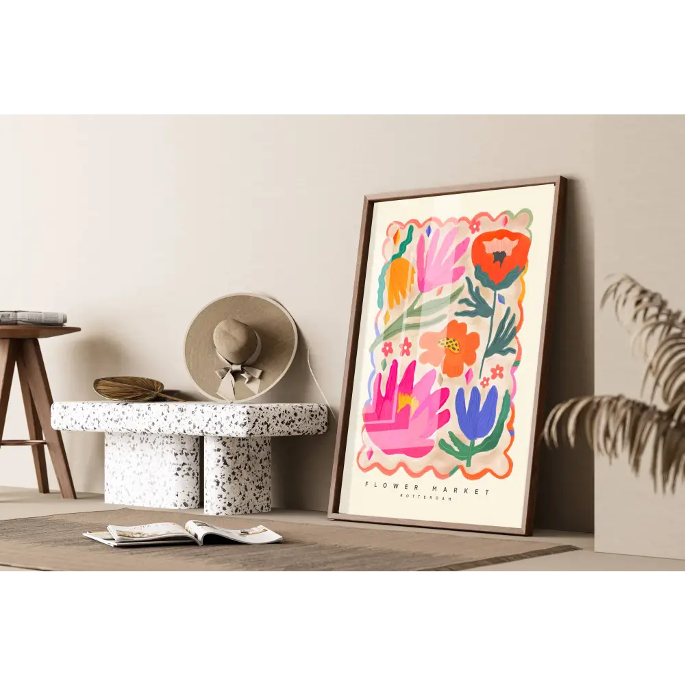 Colourful Flower Market Print, Illustration, Modern, Pink art print, hand-drawn illustration wall art - PABOOM