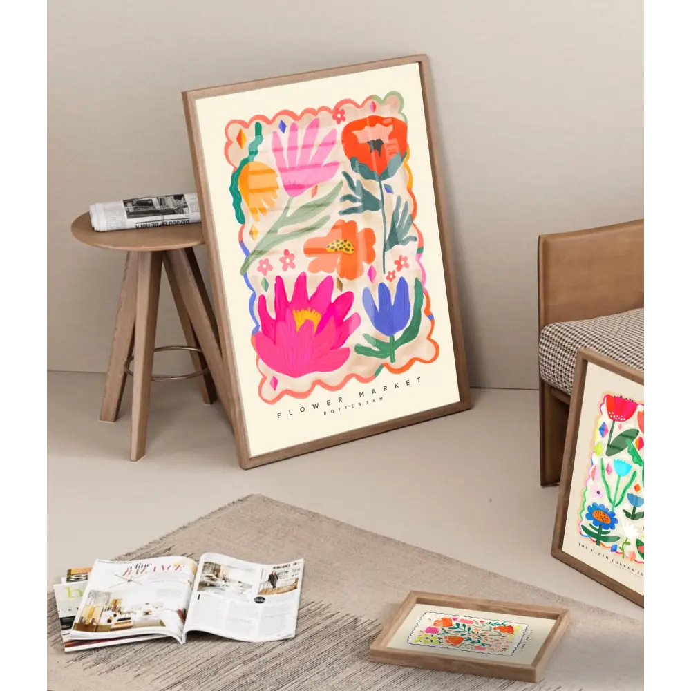 Colourful Flower Market Print, Illustration, Modern, Pink art print, hand-drawn illustration wall art - PABOOM