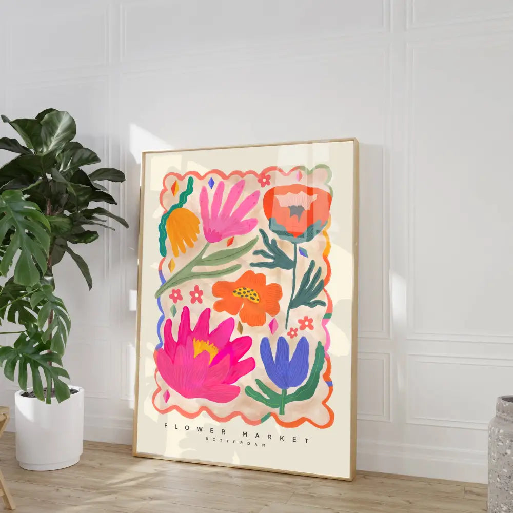 Colourful Flower Market Print, Illustration, Modern, Pink art print, hand-drawn illustration wall art - PABOOM