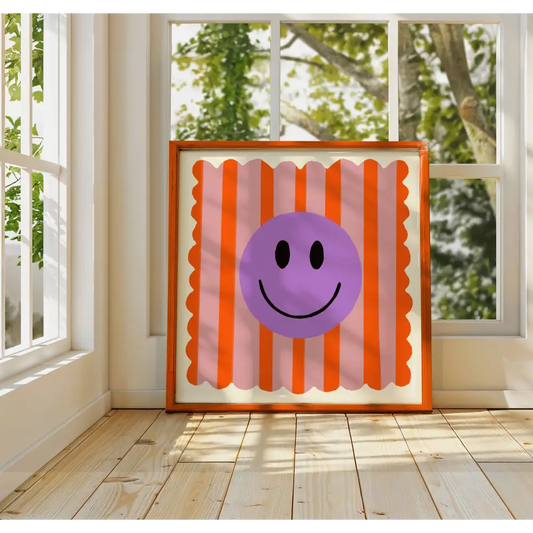 Orange Stripe Smiley, Colourful, Smileys, Dopamine Decor,  art print, hand-drawn illustration wall art - PABOOM