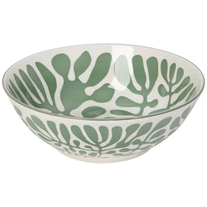 Large white porcelain serving bowl patterned with green kelp fronds and a hand-painted rim - PABOOM
