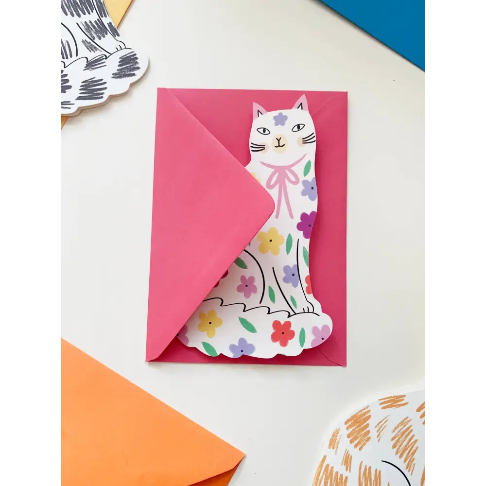 Kitty Kenda Papergoods - Sitting Floral Shaped Cat Greeting Card