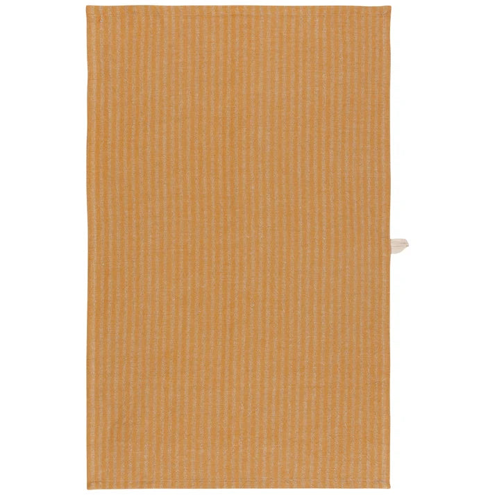 Ochre yellow and cream vertically striped linen-cotton dishtowel with a small wooden hanging tab – PABOOM