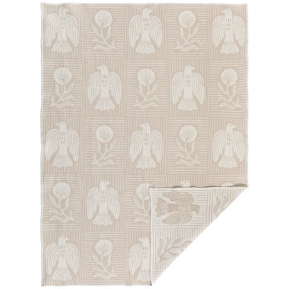 Beige cotton dishtowel with a repeating pattern of birds of prey in cream boxes bordered with florals – PABOOM