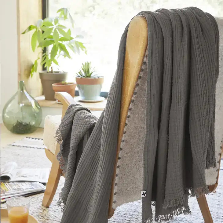 Cotton Fringed Throw Granite - PABOOM